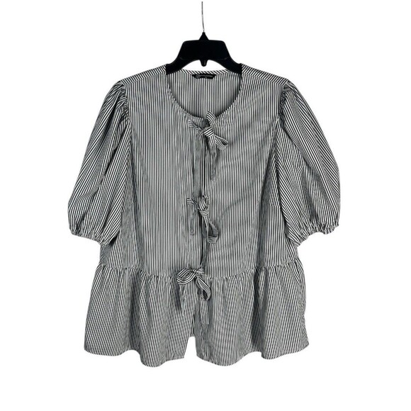 Pretty Garden Peplum Blouse XL Gray Tie Front Puff Sleeve Stripped Dressy Top - Picture 1 of 5